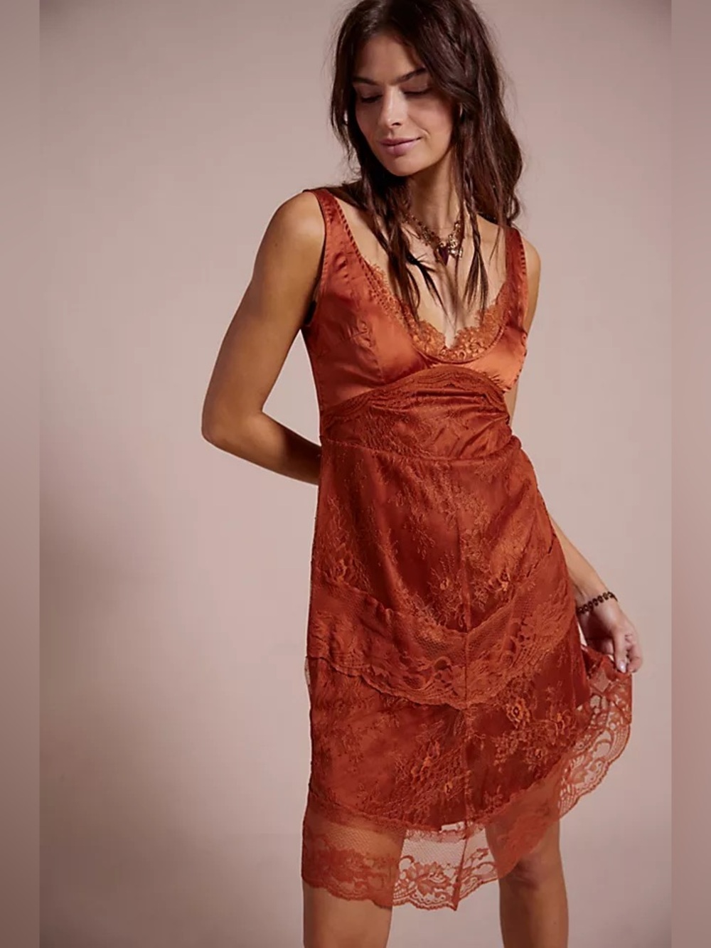 Free People Rust Lace Slip Mini Dress